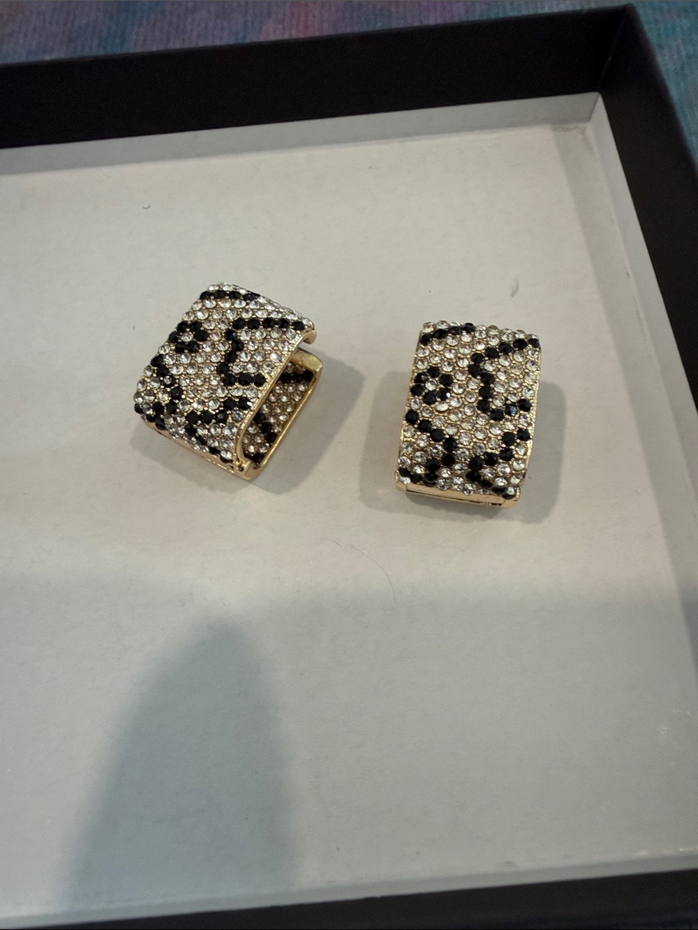 Gold Tone Crystal Leopard Print Square Hoop Earrings NEW
